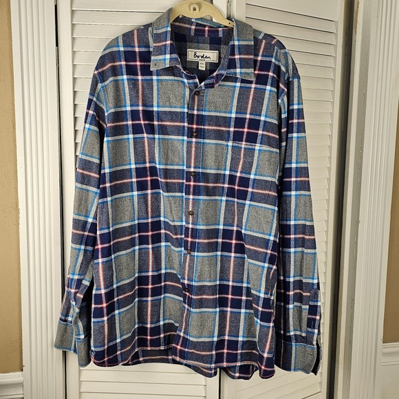 Boden London Mens Gray Blue‎ Plaid Flannel Long Sleeve Button Down Shirt XXL - Picture 1 of 4